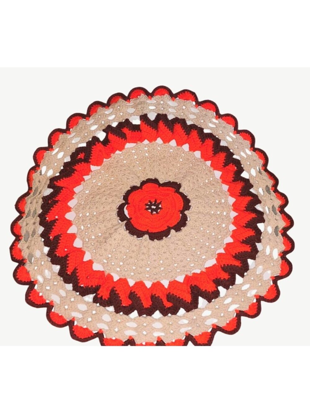 HUGE Vintage Handmade Crochet Doily 24" Round Retro Decor Orange/Brown/Tan Kitsc
